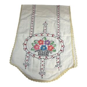 Victorian White Cotton Floral Embroidered Table Runner Crocheted Lace Edge 13x41